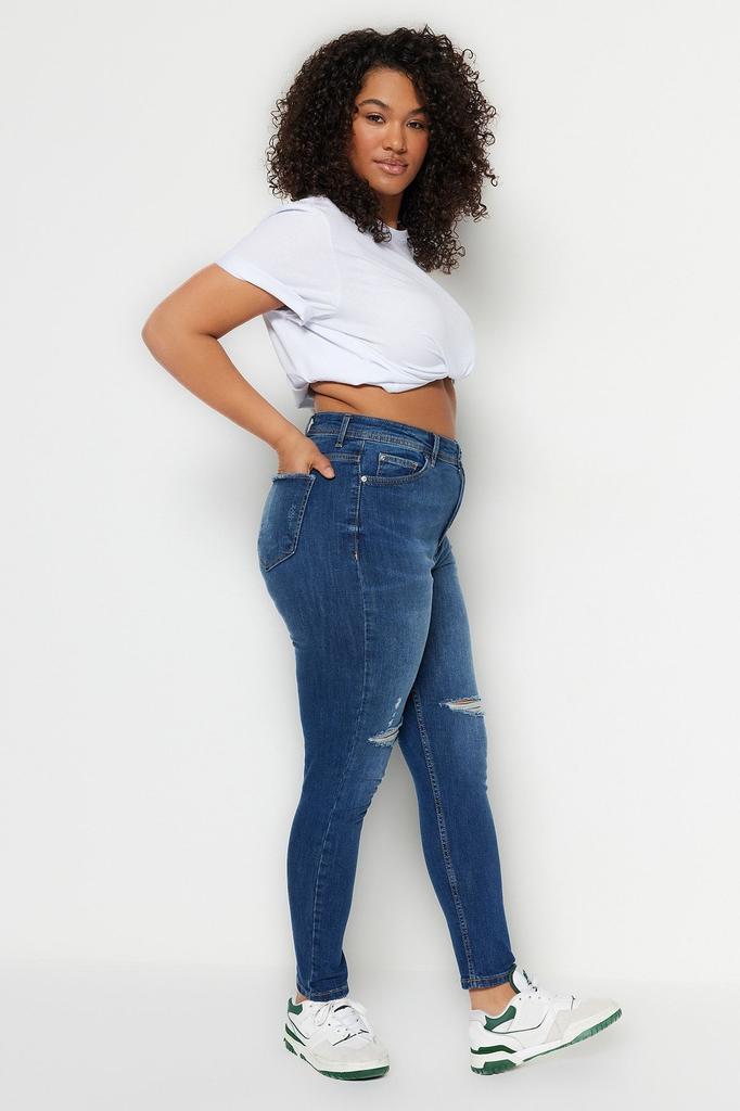 Women's Style Plus Size Dark Blue High Waist Destroy Detailed Stretchy Skinny Jeans