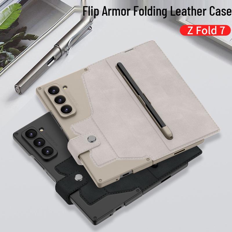 Samsung Z Fold7 Business Style Armor Flip Case with Pen Slot, Card Holder, and Screen Protector.