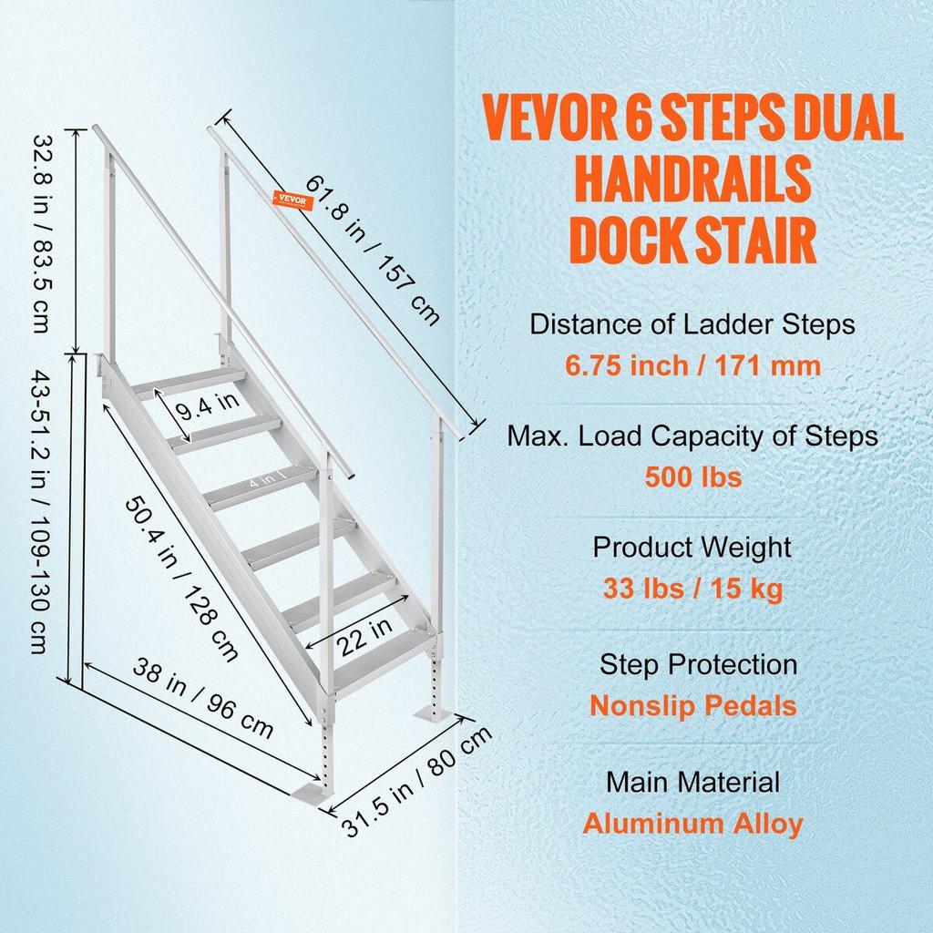 Escada de Doca de Alumínio Escada para Doca de Barco Altura Ajustável 43-51in 6 Degraus