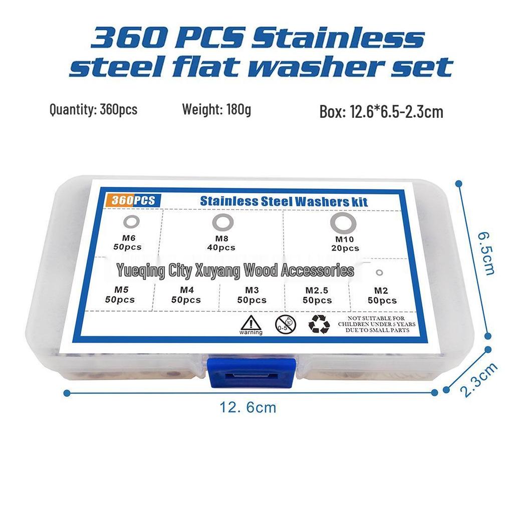 Stainless Steel 304 Flat Washer Set: 180/360/580 Pieces