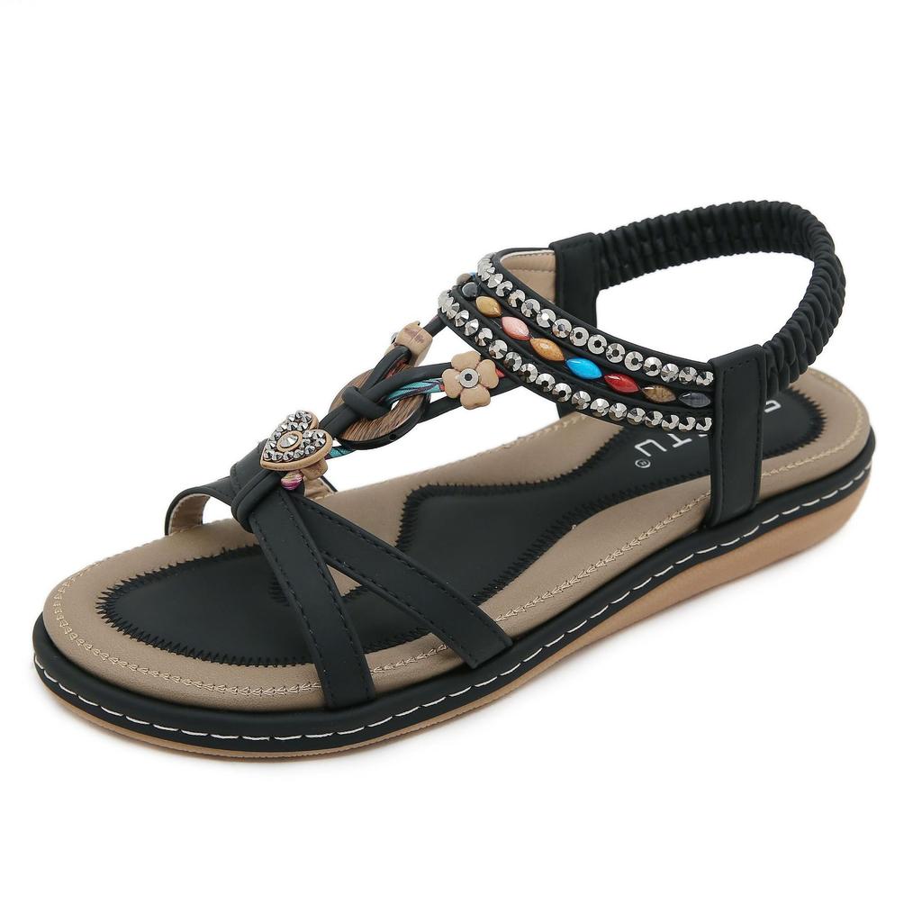 New Summer 2025 Spring and Summer Rhinestone Casual Seaside Beach Flat Sandals Women's Comfortable Versatile SKT