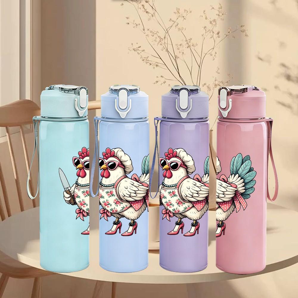 1PC Cowgirl Chicken Western Cartoon Print 750ml Color Plastic Sports Water Bottle Leakproof Flip Straw Lid Suitable for Sports Office Home Use