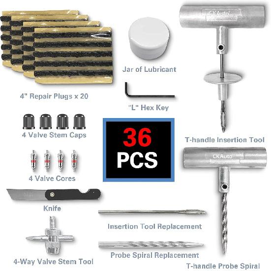 

CKAuto Universal Tire Repair Kit, Heavy Duty Car Emergency Tool Kit for Flat Tire Puncture Repair, 36 Pcs Value Pack, Tire Plug Kit fit for Autos,