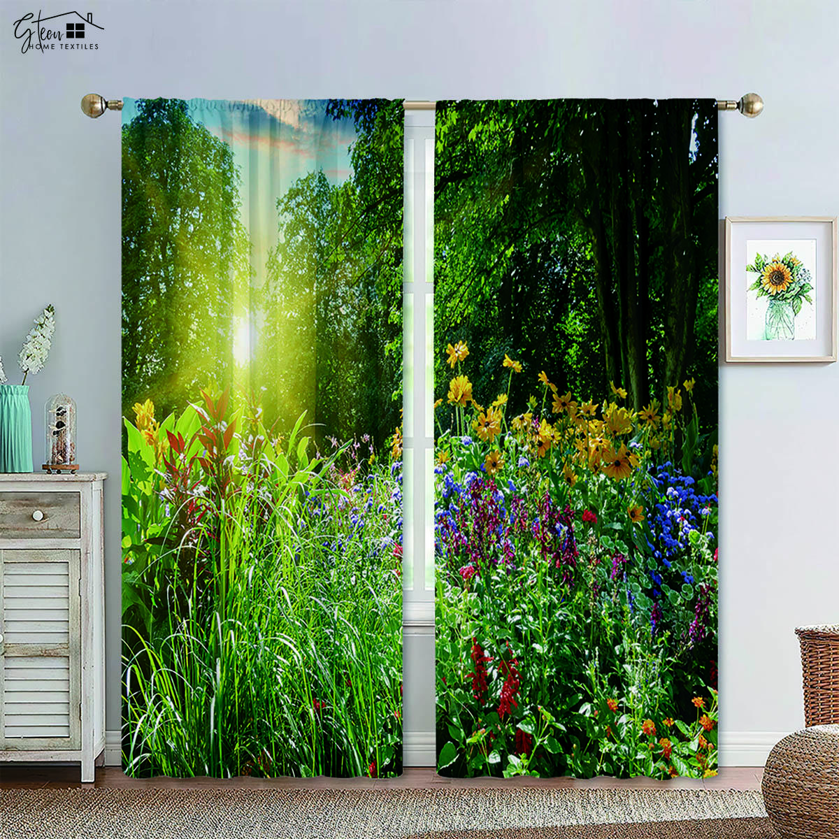 

Лесной пейзаж 3D-печатные шторы Зеленые леса Солнце Кленовые листья Природа Жизненная сила B&B Hotel Спальня Гостиная Шторы 2 шт W140xH250(CM)x2PCS&Grommet Top