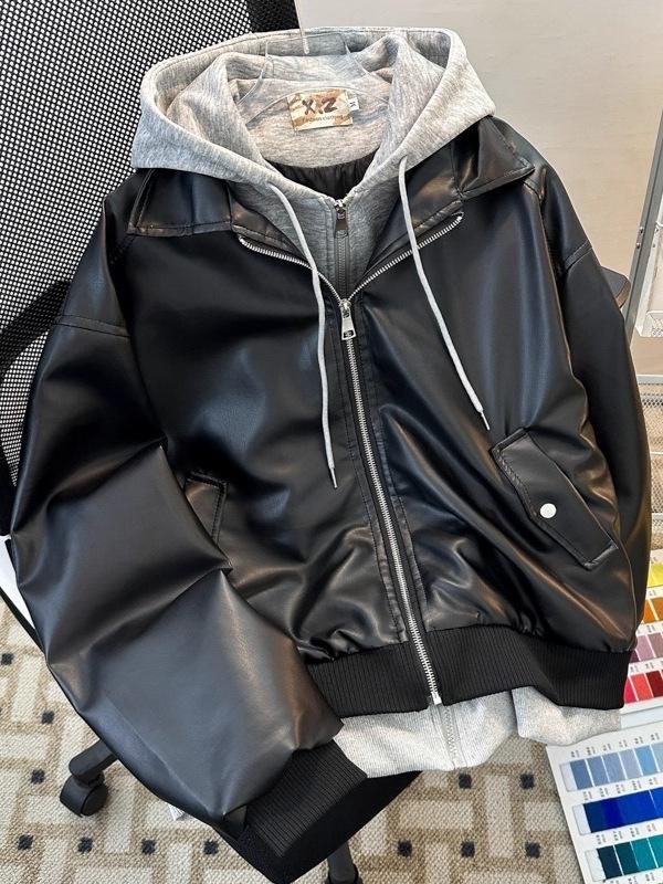 Męska Hipsterska Skórzana Kurtka Motocyklowa z Kapturem PU - Modny Styl Dwuczęściowy