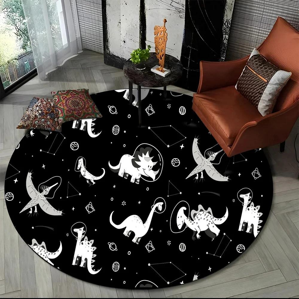 Cartoon Dinosaur Round Carpet Outer Space Cute Dino Area Rug for Living Room Bedroom Sofa Decor Non-slip Children's Crawling Mat