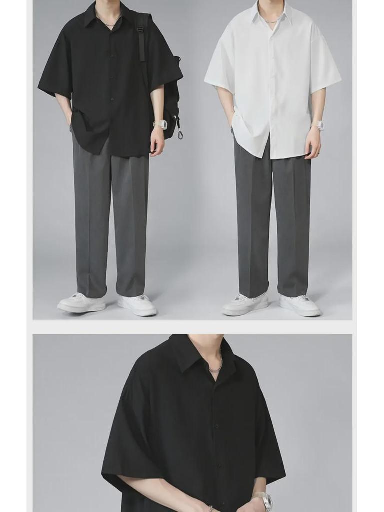 Men's Black Ice Silk Loose-Fit Short-Sleeve Shirt, Korean Style, Casual Summer Wear