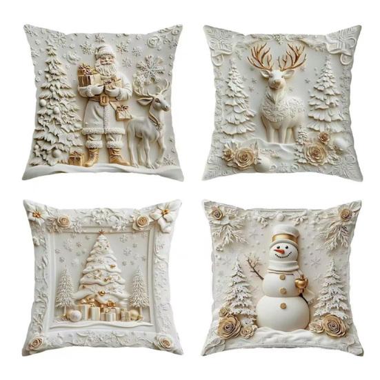 4Pcs Christmas Throw Pillow Cover White Santa Claus Snowman Xmas Tree Reindeer Cushion Cover Xmas Decorative Pillow Cover for Home Sofa Bed Couch