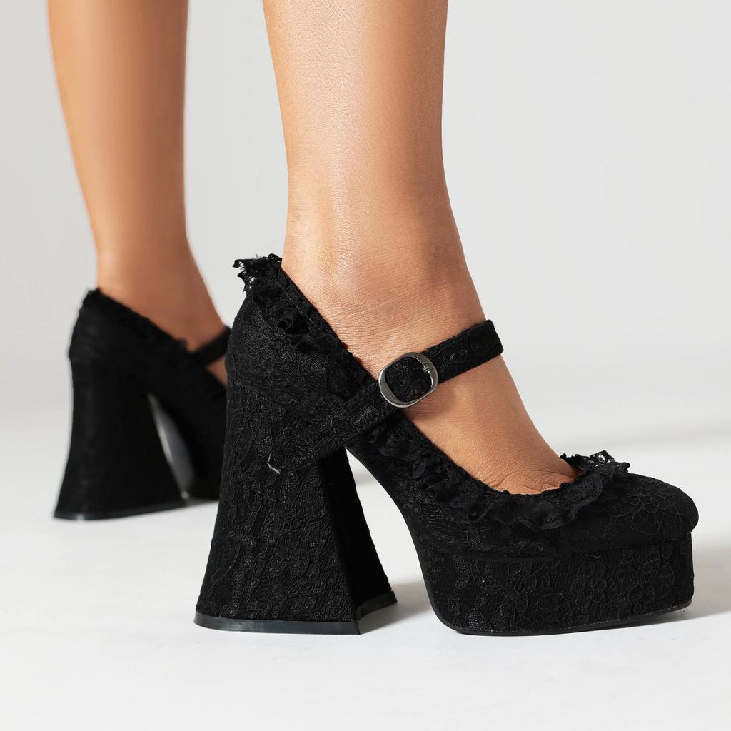 One-word buckle waterproof table high heels elegant LO shoes platform lace hemming Mary Jane shallow mouth single shoes