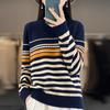 Autumn and Winter Women Pure Wool Soft Sweater Half-high Collar Color Strip Pullover Casual Versatile Knit Base Shirt Warm Top