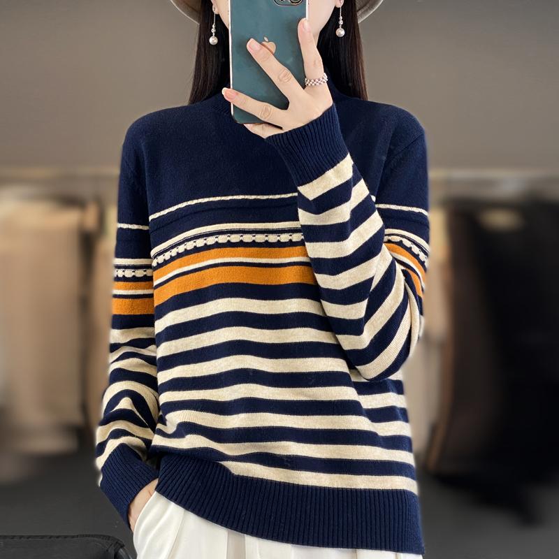 Autumn and Winter Women Pure Wool Soft Sweater Half-high Collar Color Strip Pullover Casual Versatile Knit Base Shirt Warm Top