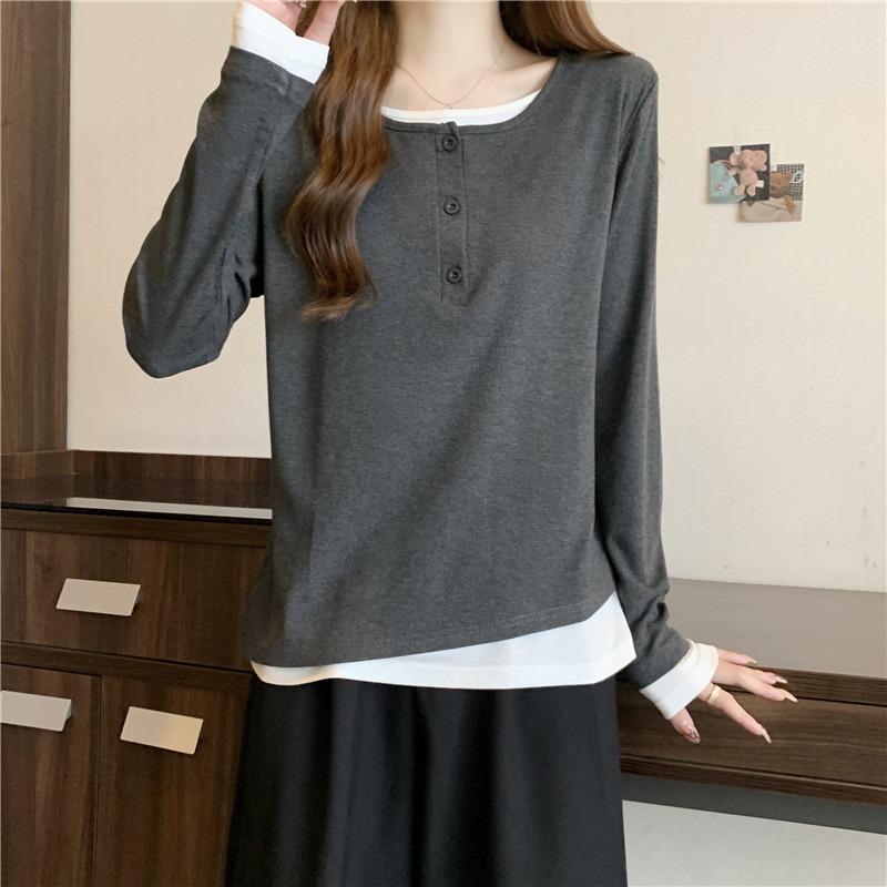 Real shot cotton loose long-sleeved T-shirt women's season versatile fake two-piece design niche top