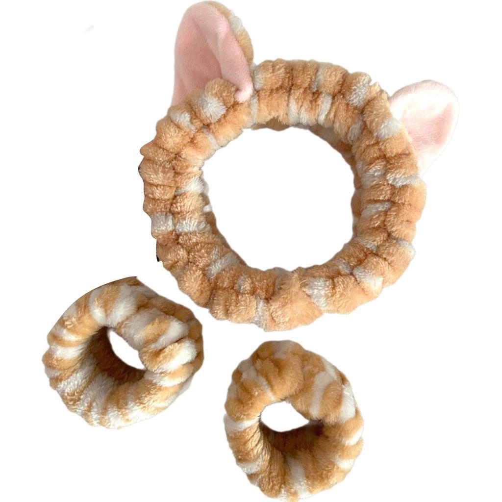 1set Elastic Women Shower Hairband & Wristband Cute Kitten Plush Face Wash Hairband Home Makeup Headband Wristband