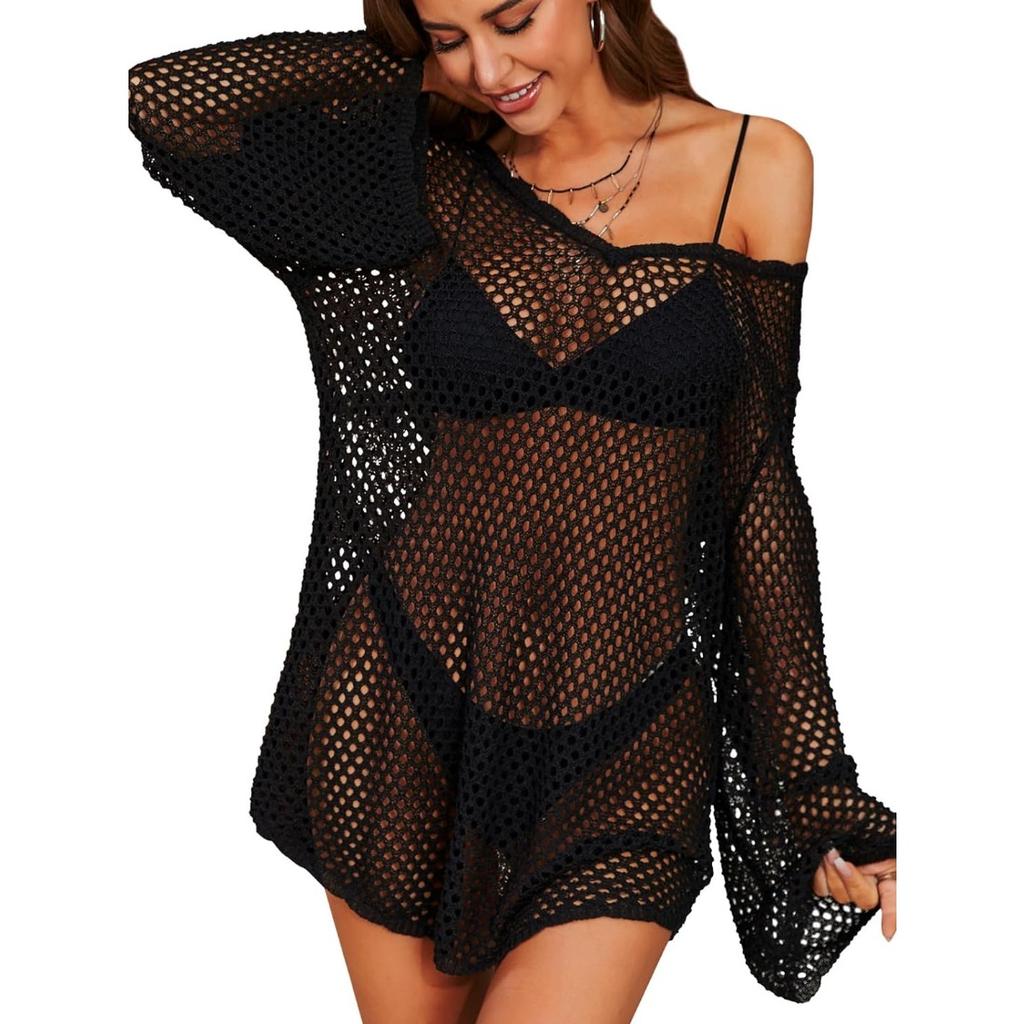 CHARMLEAKS Häkel-Badeanzug-Überzug für Damen, Glockenärmel, Strand-Überzüge, rückenfrei, Badeanzug-Überzüge, gewellte Bikini-Bademode