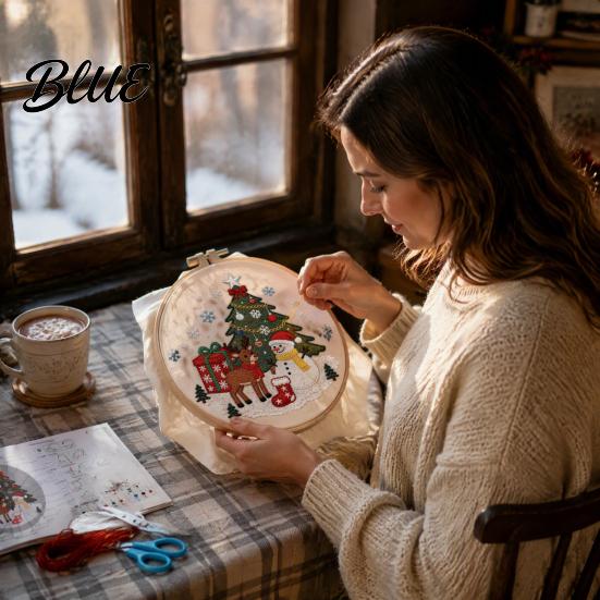 Festive DIY Crafts Christmas Embroidery Kit, Holiday Ornament Craft Xmas Tree Gift Box Pattern, Creative Hobbies Needlework Sewing Kit for Adults