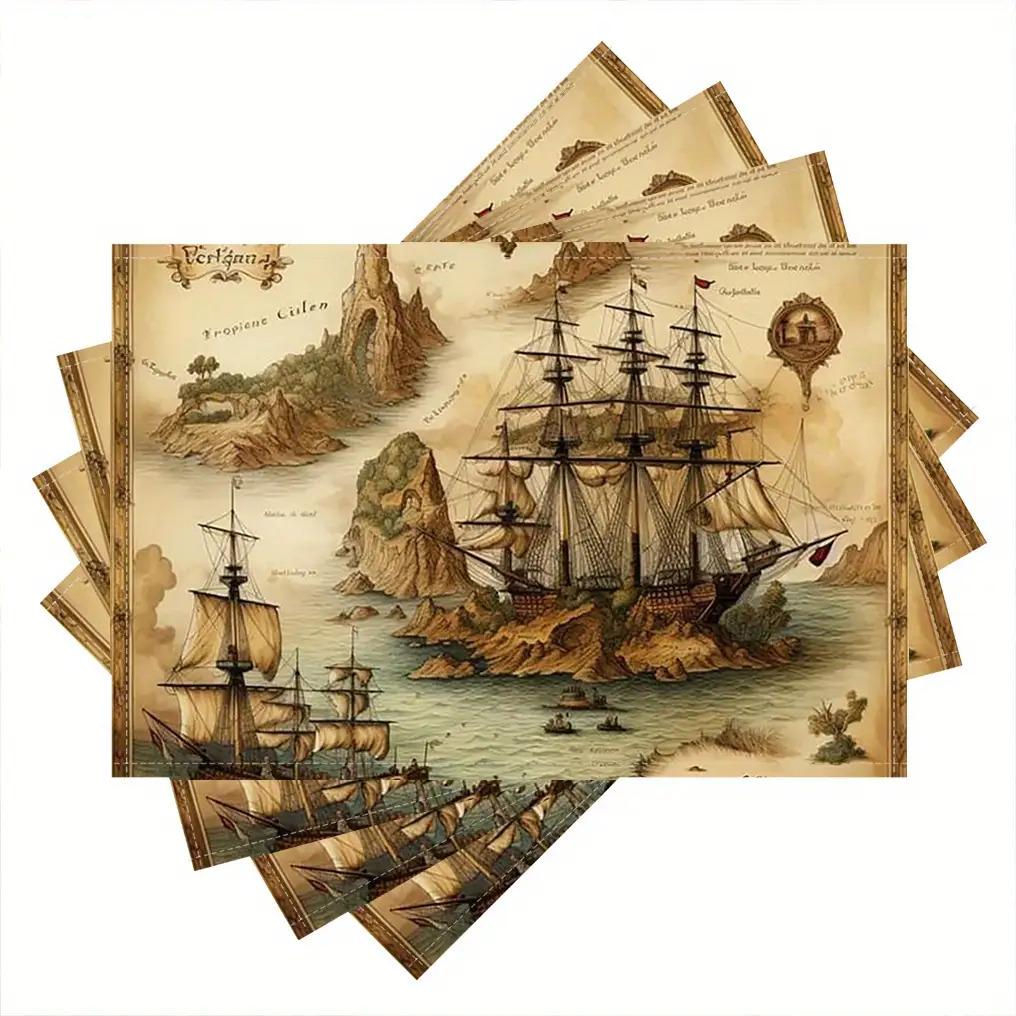 Di 4 Tovagliette con Tema Nave Pirata - Design Nautico Monofacciale, Realizzate in Poliestere Resistente, Lavare a Mano, Tappetini Decorativi Rettangolari per