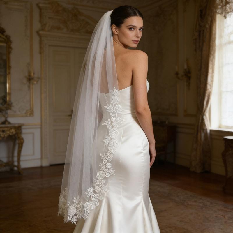 Romance Bridal Veils with Lace Flower Trim and Metal Hair Comb for Wedding Ceremony and Special Event Bride Headpiece