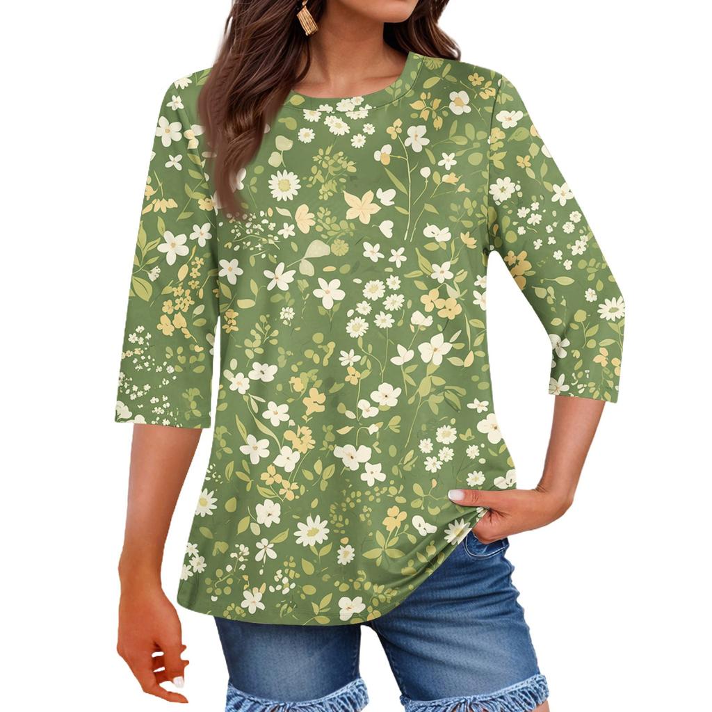 Women's Casual Loose Printed Round Neck Top With Three Quarter Sleeves T Shirt Top