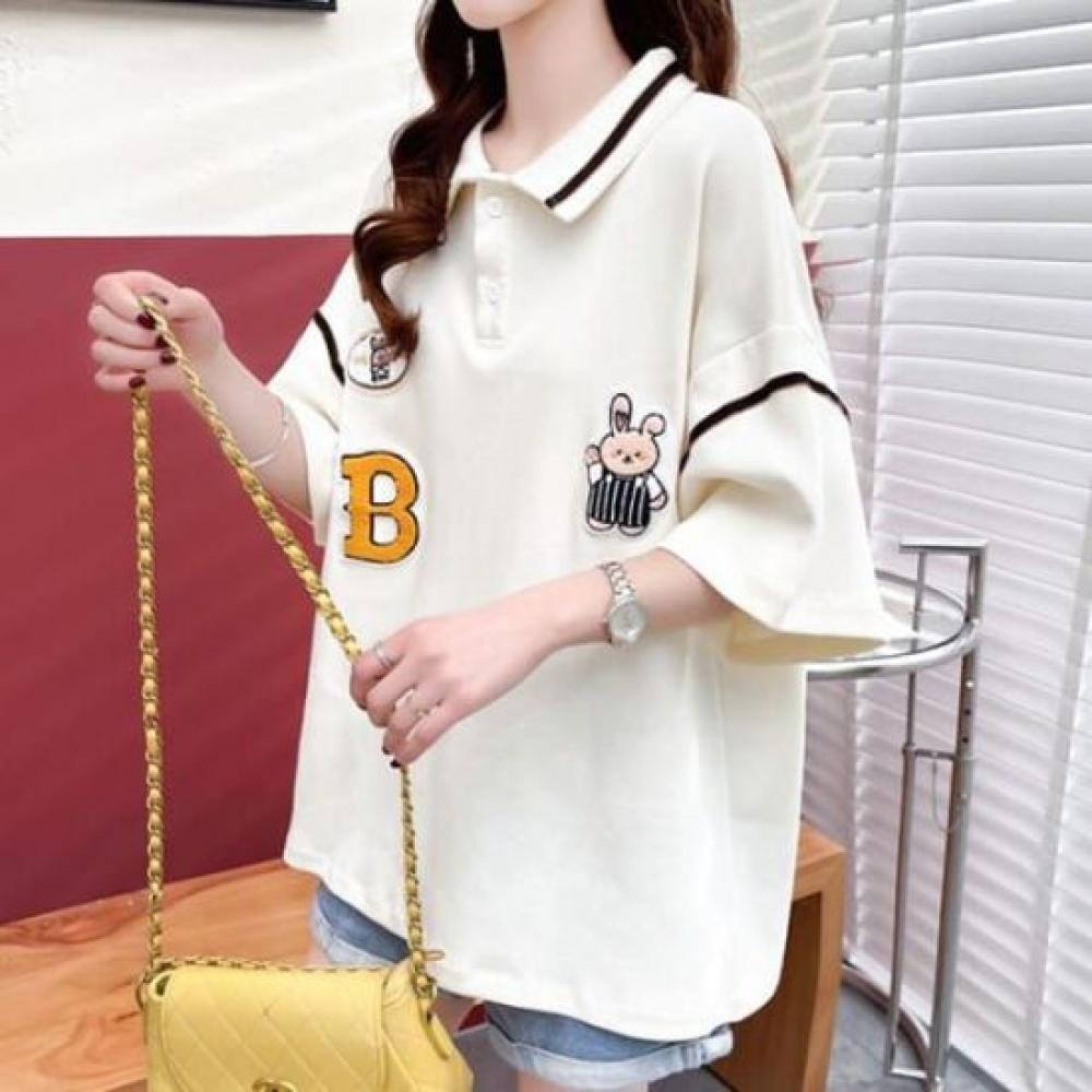 Navava Women PaTch Embroidery Loose FiT Collar ShorT Sleeve T shirT nT2414