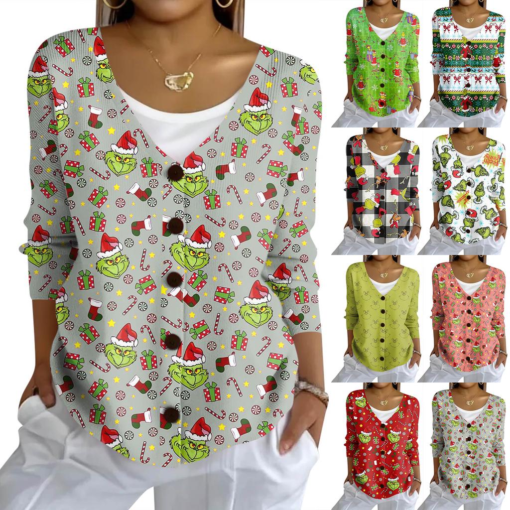 Mote for kvinner, avslappet strikket genser med knapper, cardiganjakke med juleprint