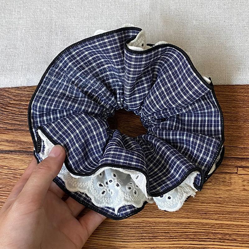 

1 шт. Кофейно-коричневая клетчатая винтажная кружевная резинка-скранчи, Темно-синий клетчатый цветок для волос литературной девушки