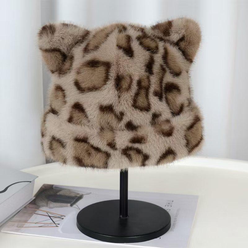 Retro Leopard Print Women’s Fisherman Hat with Cute Elf Ears and Plush Mickey Ears for Autumn