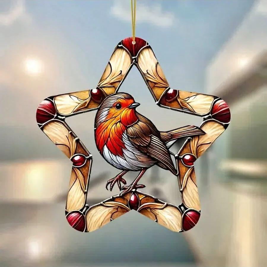1 Stück Lebendiger Rotkehlchen Vogel Gartenlichtfänger - Fensterhänge Dekoration mit Hanfschlaufe, Ideal für Wohnzimmer und Innenhof