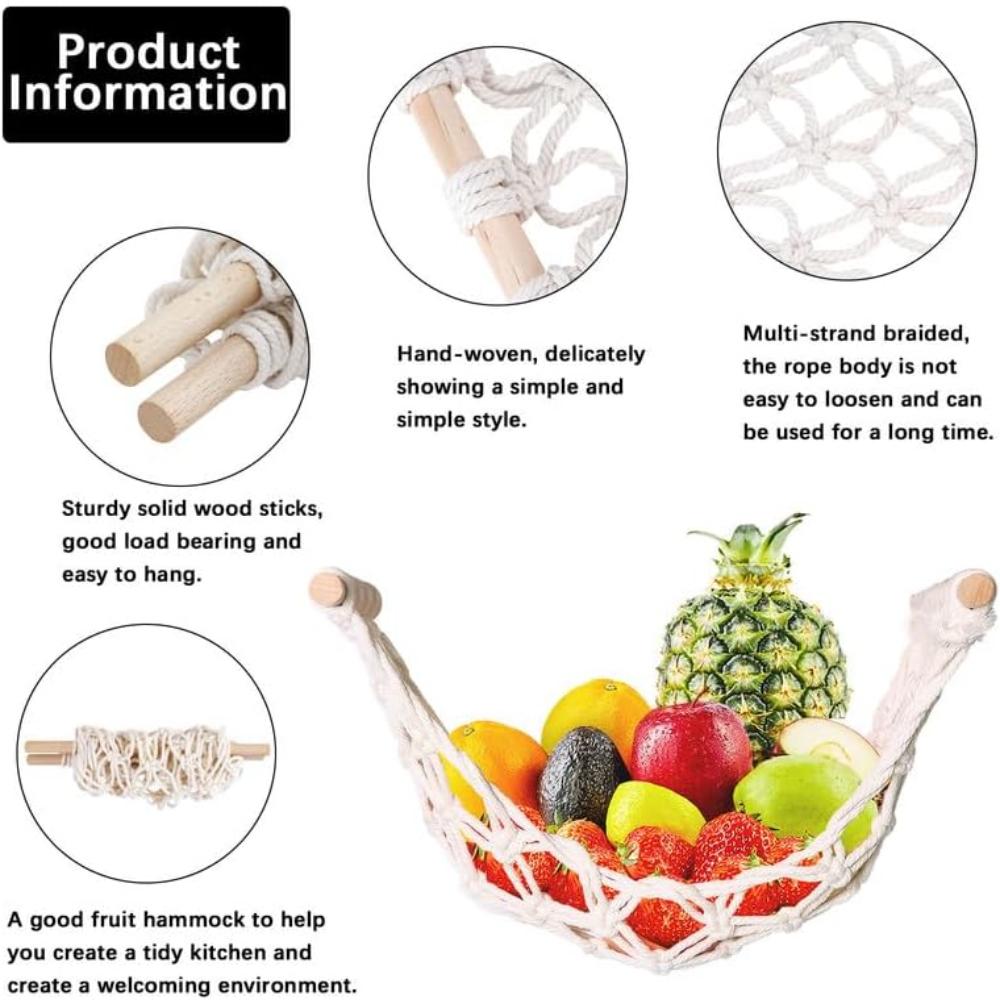Fruit Basket Hammock Under Cabinet Adhesive, Woven Vegetable Hanging Basket, Fruit Storage for Kitchen with Banana Hook, Mesh Fruits Holder Organizati