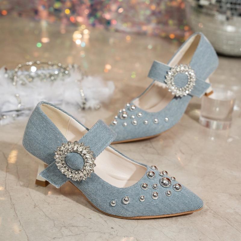 Fashion Vintage Denim Pointed Toe High Heels Pumps Women 2025 Silver Glitter Buckle Sandals Women Rivet Decoration Dress Party Shoes