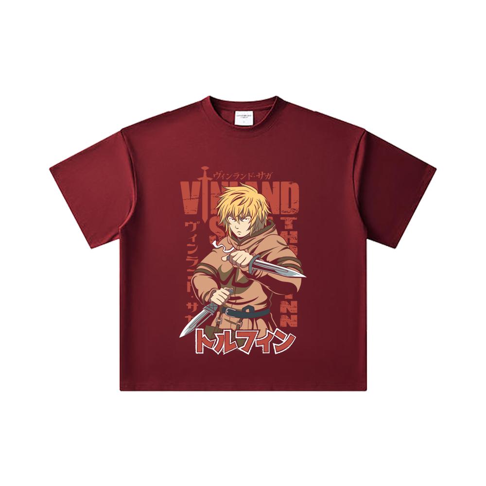 

260 г/м² Подвійна нитка 32 рахунок 100% Бавовна Vinland Saga V1 Принт Торфінна Унісекс Важка Бавовняна Футболка 2XL вина червоного кольору