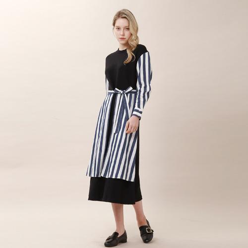 Bunderghost Color-Blocked Overskirt Long Dress (Striped)