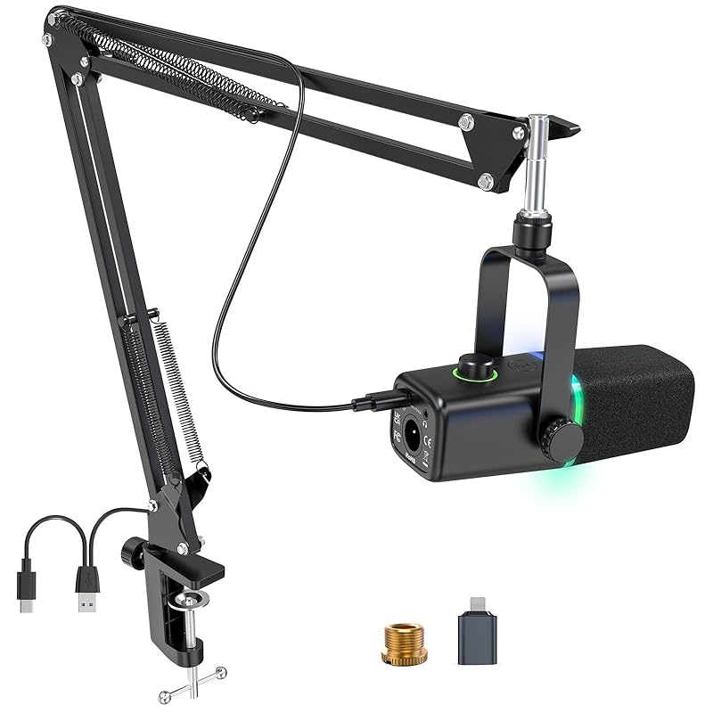 

ZealSound Dynamic gaming microphone and microphone arm stand kit, unidirectional dynamic microphone mute button RGB illuminated switch Volume control