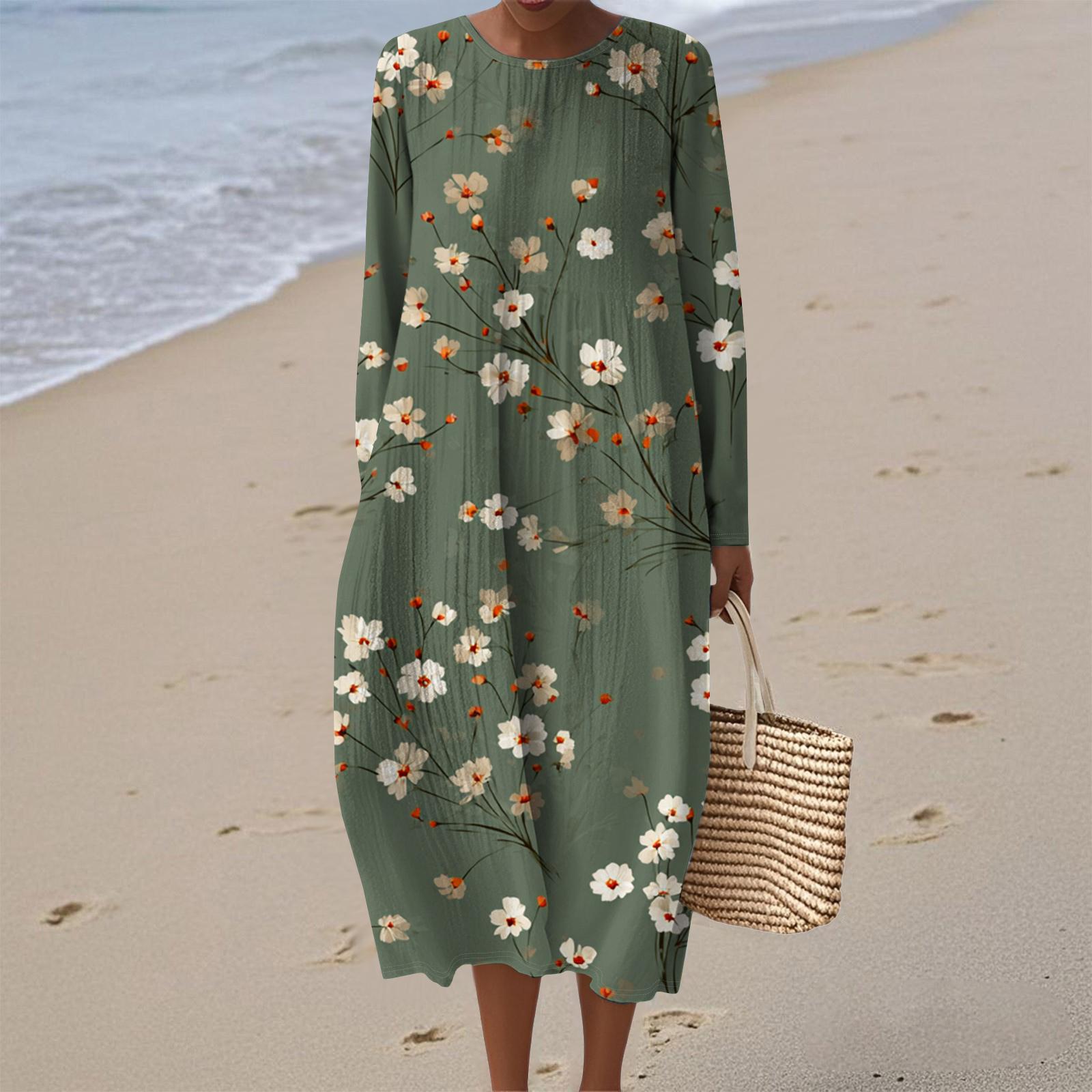 

Women s Fashionable Casual Long-Sleeved Round Neck Floral Print Zipper Dress M