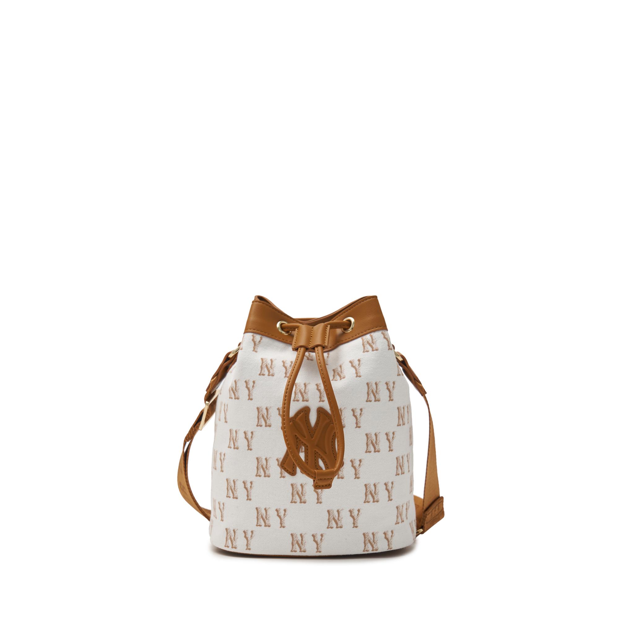 MLB Classic Floral Letter Print Drawstring Cotton Bucket Shoulder Bag Women Bags Camel 7ACRMO24N-50CAS Camel