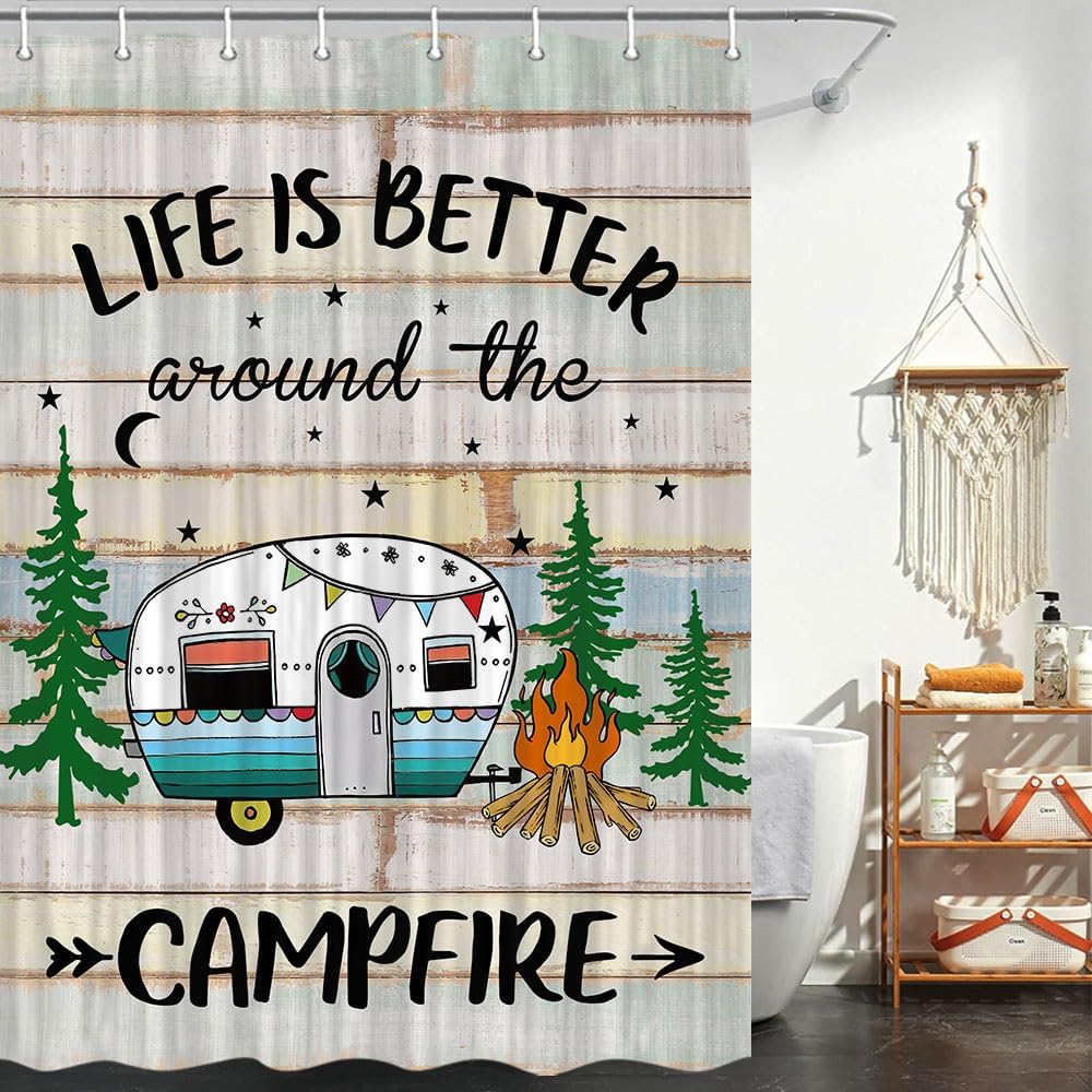 JAWO Camper Shower Curtain for Travel Trailer, RV Shower Curtain for Camper Size Farmhouse Camping Bath Curtains Hooks Included(47" W X 64" H), Multi