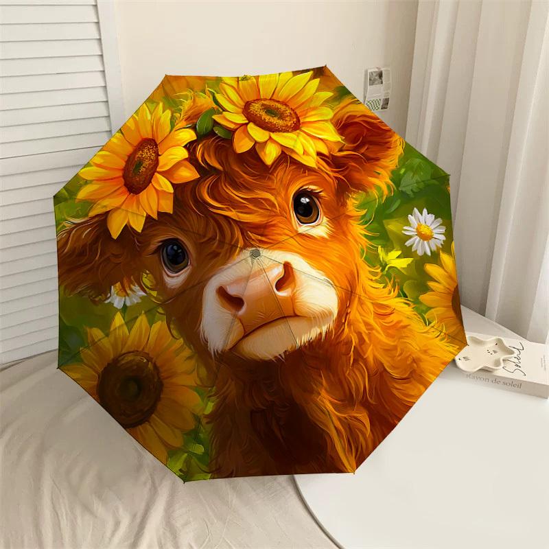 

1PC cow sunflowers Umbrella-8-Rib Reinforced Portable Folding Travel Suitable for All Seasons Outdoor Daily Use-J410