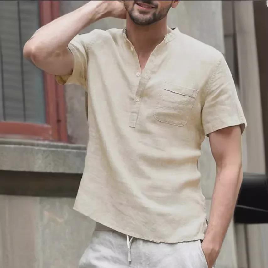 European and American Summer Men's Solid Color Short-Sleeve Stand Collar Casual Shirt for Teens, Large Size