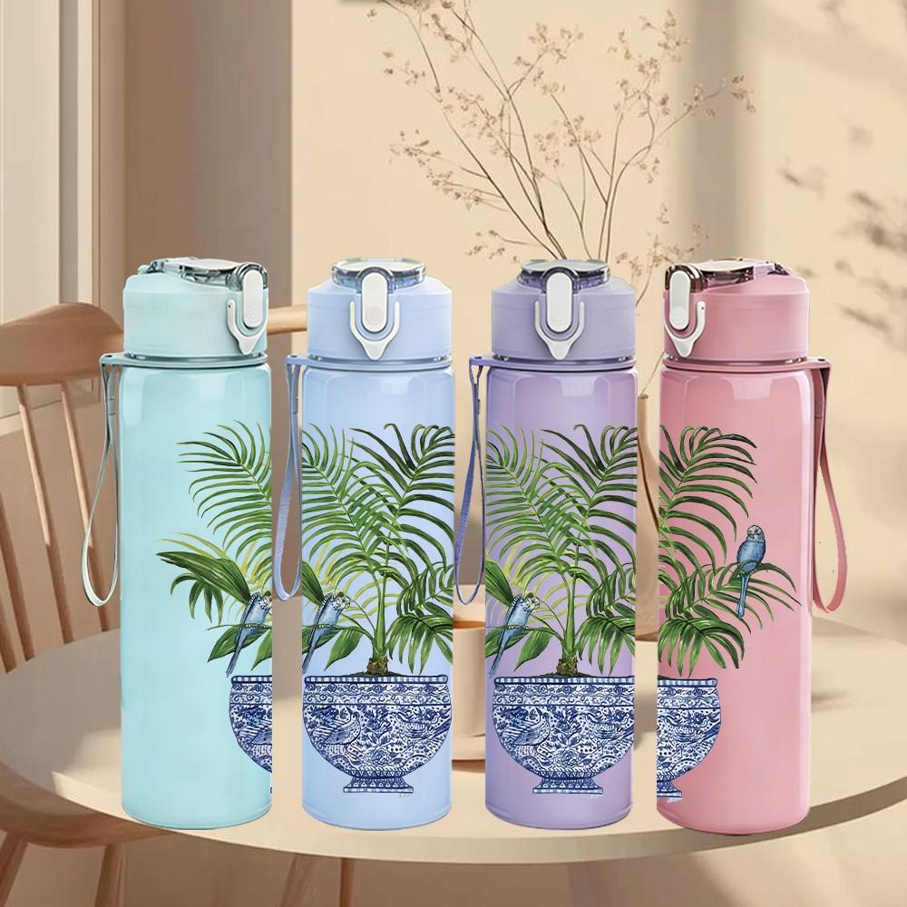 1PC Potted Plant Vintage Retro Pattern 750ml Color Plastic Sports Water Bottle Leakproof Flip Straw Lid Suitable for Sports Office Home Use
