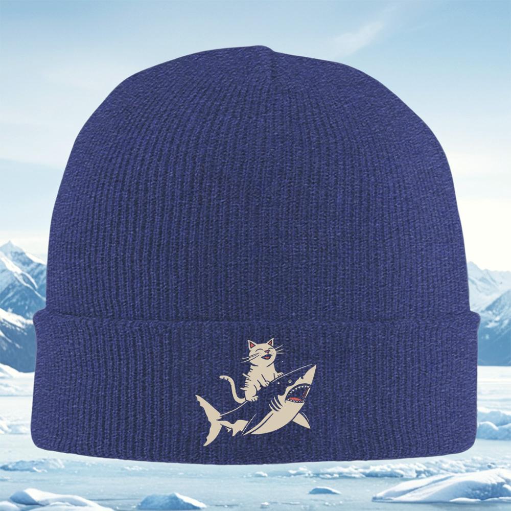 Cat riding shark happy adventure Men Women Unisex Knitted Hat Beanie Pullover Cap Winter Thermal Warm Christmas Outdoor Cycling
