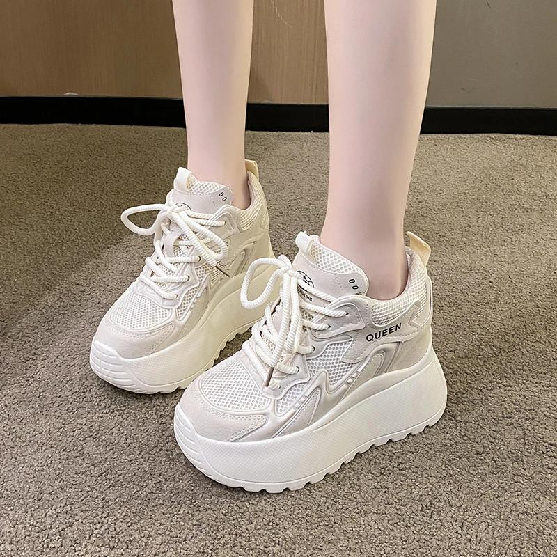 Fashion 10CM Women Casual Leather Sneaker Autumn Lace Up High Platform Shoes Thick Sole Sport Dad Shoes Woman Sneakers Chaussure Femme