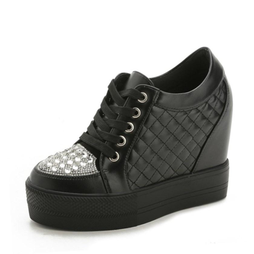 

New Autumn White Hidden Wedge Heels Casual Shoes Woman Bling Platform Shoes Elevator 10CM High-heels Walking Sneakers Woman 41 чёрный