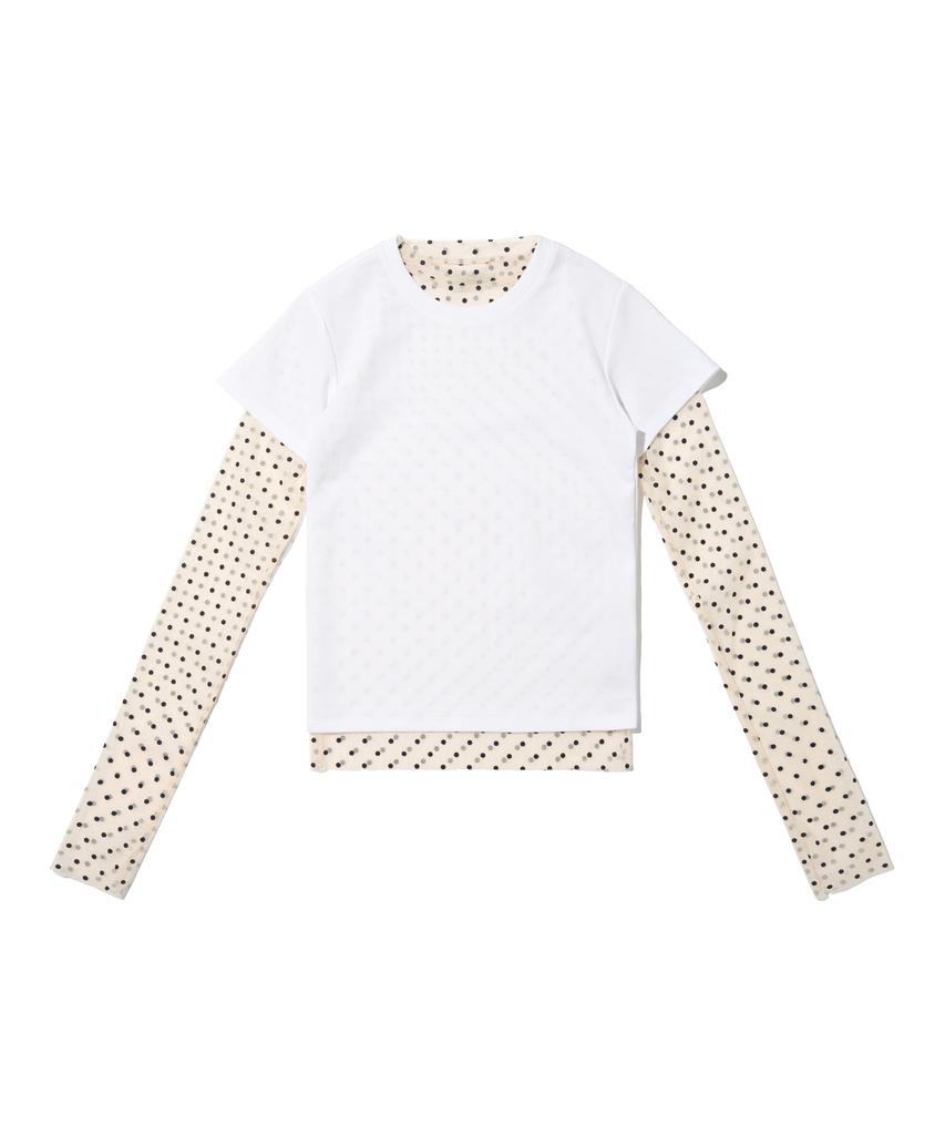 CARGOBROS FOR WOMAN Dot See-Through Long Sleeve Layered Short Sleeve Tee Set (Ivory/Ivory)