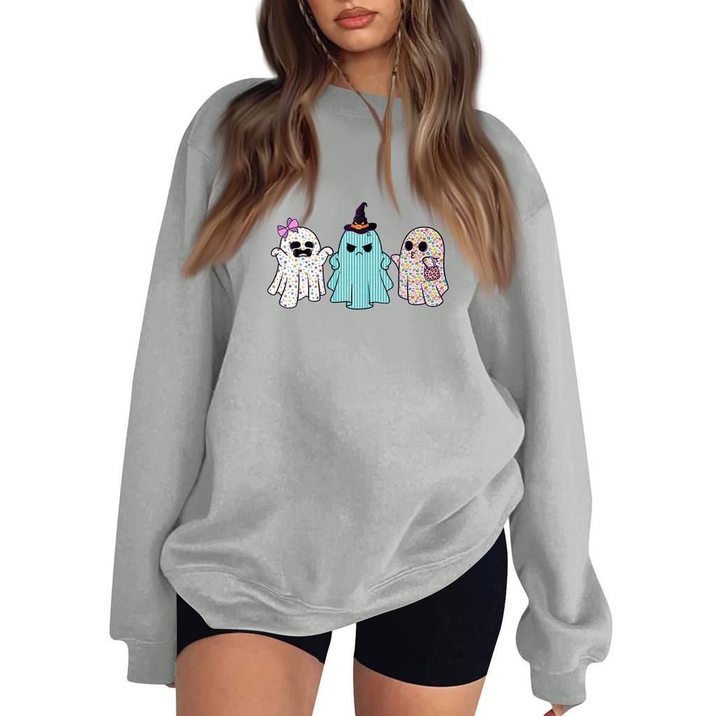 Women's Neck Long Sleeve Comfy Sweatshirt Casual Loose Fit Color Halloween Print Pullover