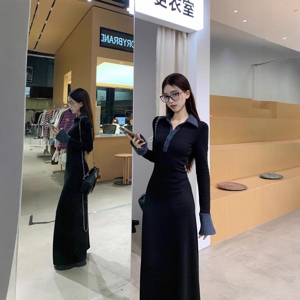 Women's Spring Collection: Black Slimming Ruffle Long Dress with Turn-Down Collar and Waist-Cinching Design