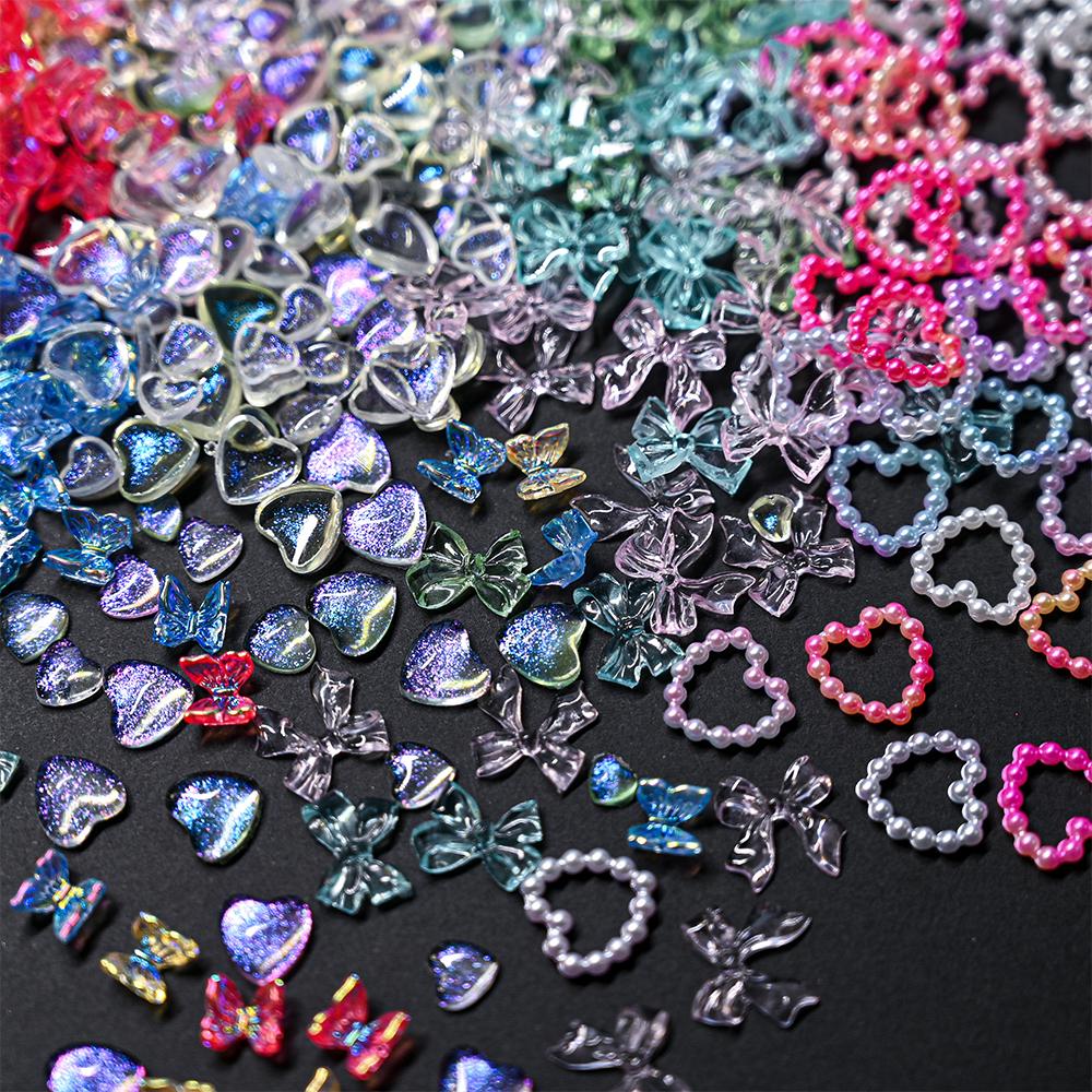 Kawaii Colorful Mixed Resin Rhinestone Nail Art Charms Bowknot Pearls Kit DIY Manicure Decorations Box With Wax Pen Tweezers