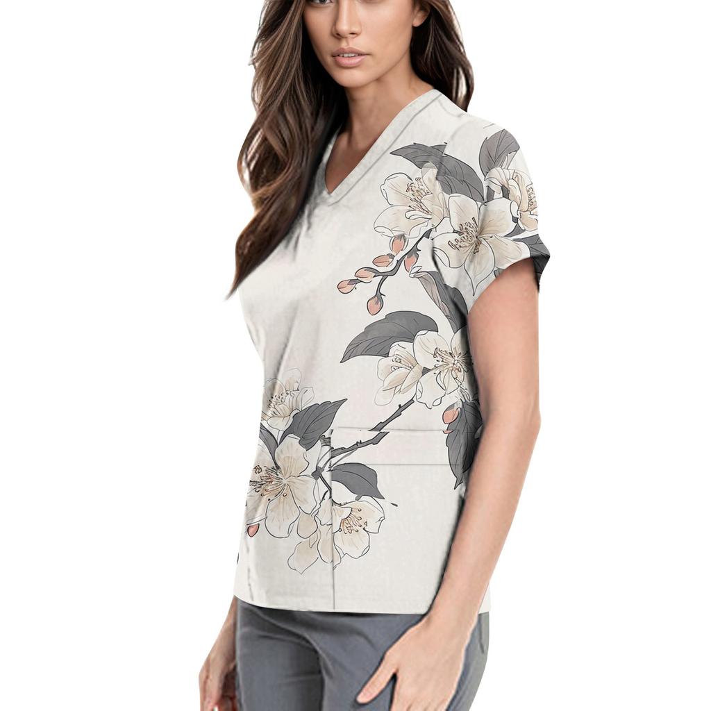 Women's Cute Printed Work Clothes V-neck Double Layer Pockets Basic Short Sleeve Top Pullover Valentines