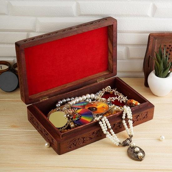 Christmas Gifts Sale Hand Carved Wooden Decorative Floral Carvings Trinket Jewellery Box Storage