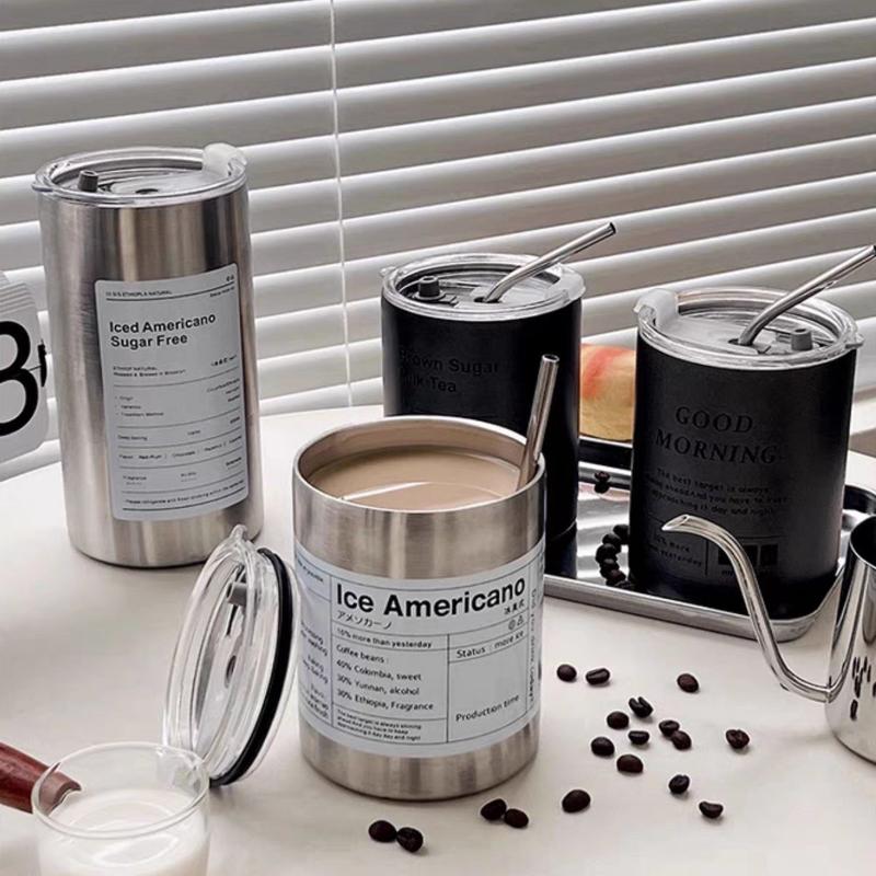 Coffee Cup Thermos 304 Stainless Steel Double -layer Cooler Straw Cup Portable Reusable Ins Ice American Coffee Mug Water Bottle