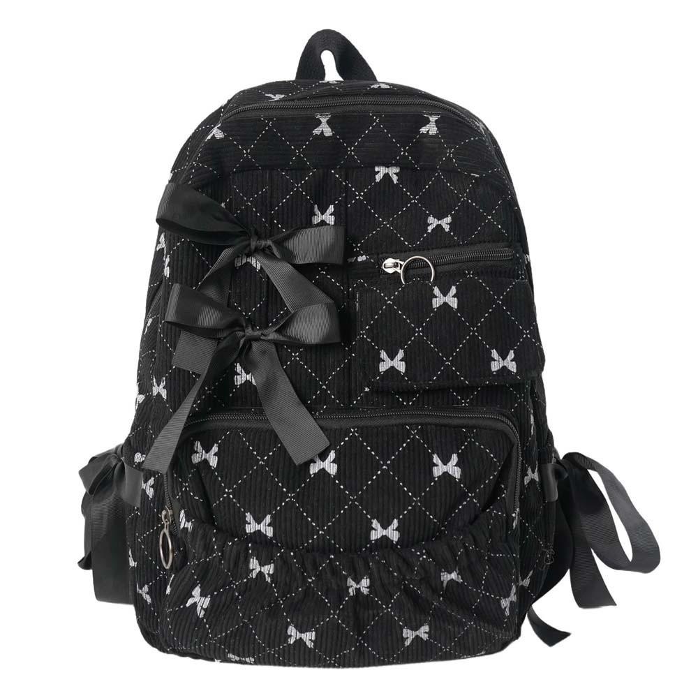 

Daypack Corduroy Bow Backpack Silk Design Casual Students School Bag Fixed Webbing Polyester Large Capacity Backpack Sweet Girls чёрный