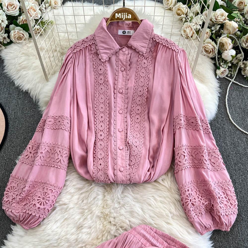 Lace Panel Long Sve Irt And High Waist Flared Skirt Set Women's Faion Ensemble Hollow Out Design Slimming Women Suit 2 Pieces Set